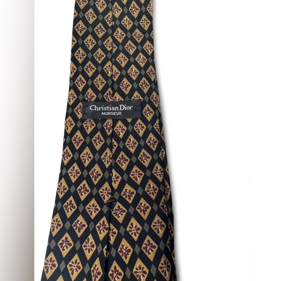Vintage Christian Dior Black and Gold Patterned Men's Tie - Picture 3 of 3